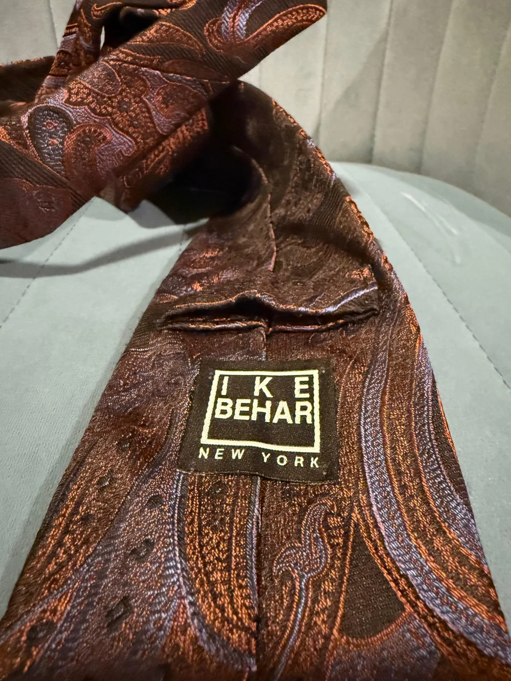 Ike Behar Brown Tie with Copper and Silver Paisley